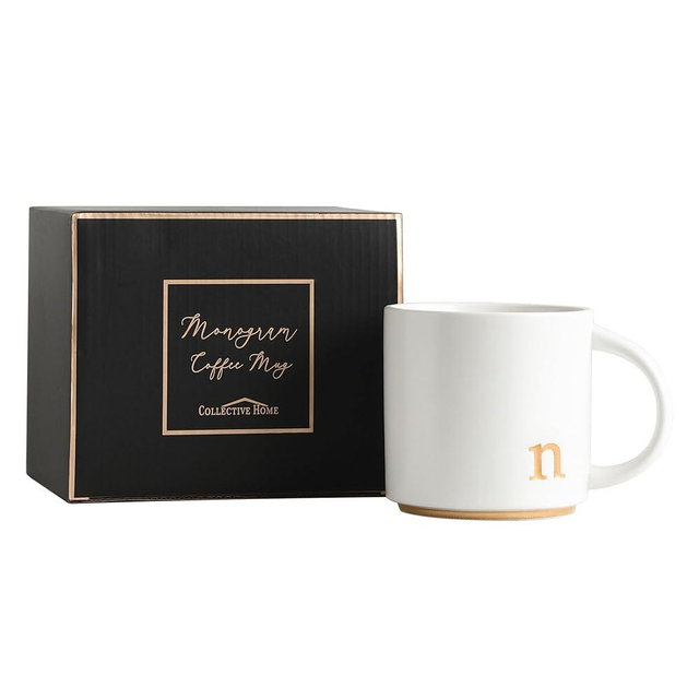 COLLECTIVE HOME - Monogram Ceramic Mugs, 15 oz Golden Initial Coffee Cups, Elegant Alphabet Tea Mugs, Elegant Personalized Mug with Gift Box, Luxurious Cups for Office and Home (n)