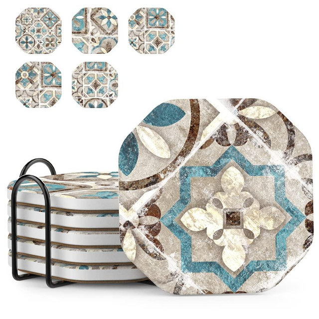 UMIRRO Drinks Coasters for Coffee Table Decor, Rustic Retro Boho Farmhouse Coasters, Absorbent Cup Mats for Wooden Table, Mandala Style, Unique Vintage Tile Design, Brown, 4", Set of 6