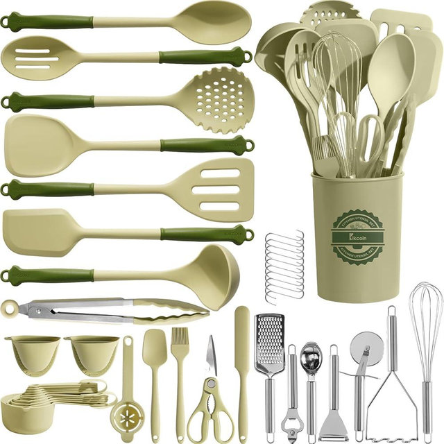 Kikcoin 43Pcs Kitchen Utensils Set - Silicone Cooking Utensils Set, Dishwasher Safe Spatula Set for Non-stick Cookware, 446°F Heat Resistant Kitchen Utensils Set with Holder BPA Free, Avocado Green