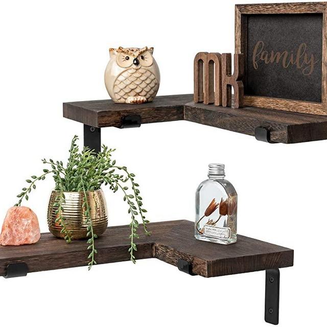 Mkono Corner Wall Shelves Rustic Wooden Floating Corner Shelves Display L Shapped Storage Organizer Displays for Home Living Room Barthroom Bedroom Office, Set of 2, Brown