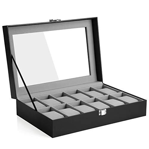 SONGMICS 12-Slot Watch Box with Removable Pillow, Display Case, Synthetic Leather, Black UJWB12BK