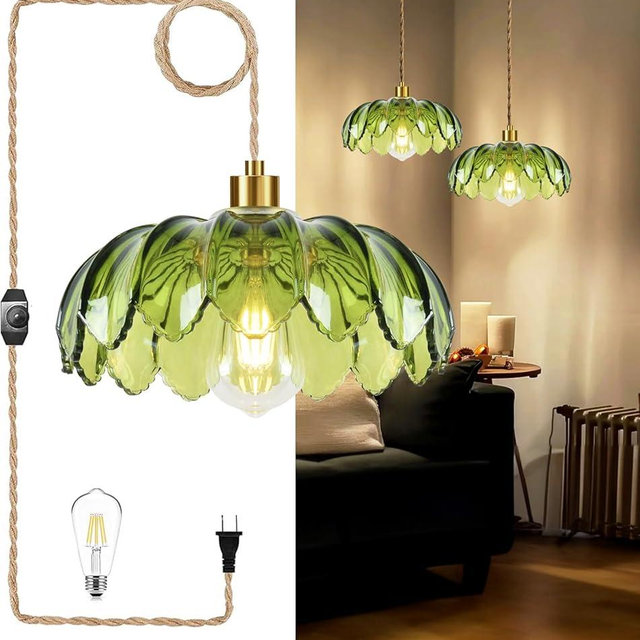 QIYIZM Plug in Pendant Light Hanging Lights with Plug in Cord Boho Hanging Lamp Glass Gold Mid Century Modern Vintage Dimmable Green Flower Plug in Chandelier Ceiling Fixture for Living Room,Kitchen