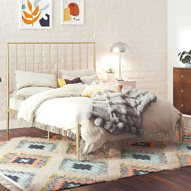 Novogratz Nicole Modern Metal Platform Bed with Tall Vertical Slat Headboard, Underbed Space for Storage, No Box Spring Needed, Queen, Gold