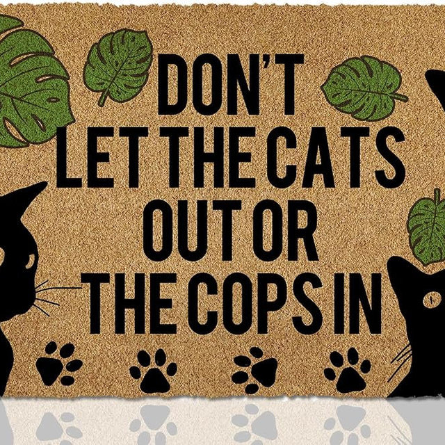 ReyloCG Cat Door Mat Welcome Mat - No-Shed Faux Coir & Non-Slip Backing - Funny Doormat with Don't Let The Cats Out or The Cops in Design for Rainy Outdoor Entrance, Front Door, Porch, 23.6" x 15.7"