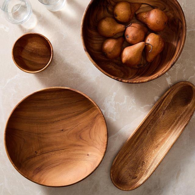 Organic Shaped Wood Low Serving Bowl