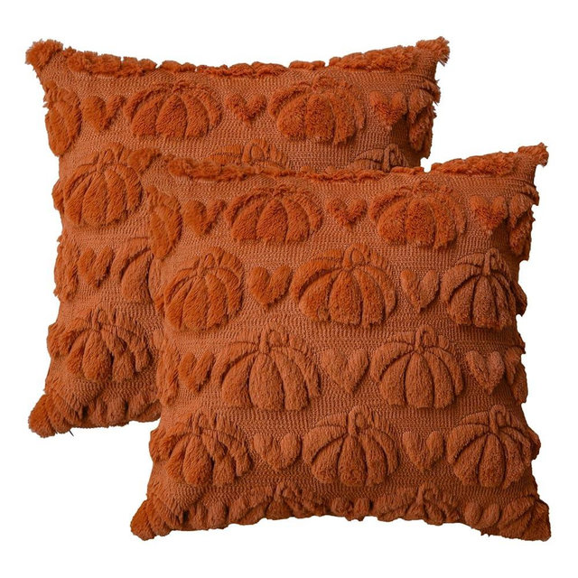 AVOIN colorlife Fall Pumpkin Heart Caramel Throw Pillow Covers, 18 x 18 Inch Seasonal Autumn Thanksgiving Harvest Soft Plush Faux Fur Jacquard Cushion Case Decoration for Sofa Set of 2