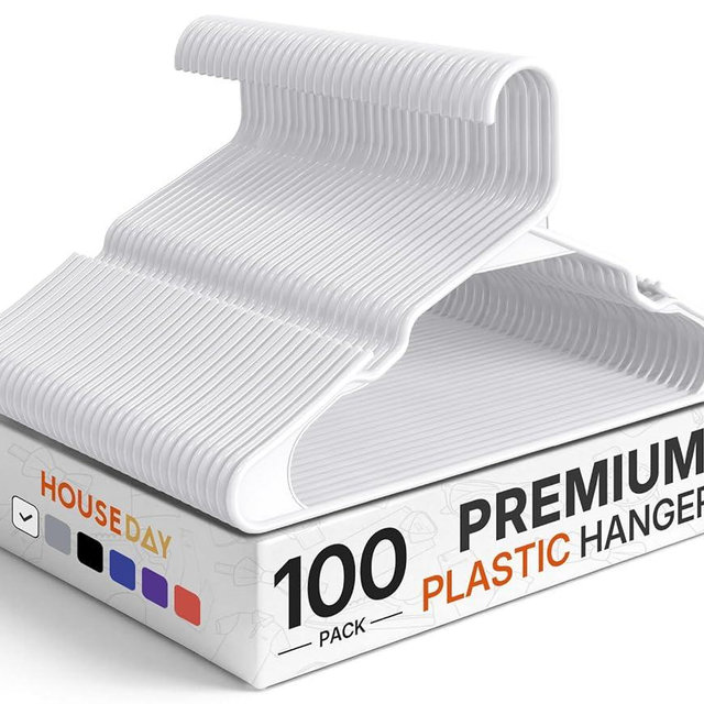 HOUSE DAY Plastic Hangers 100 Pack - Adult Clothes Hangers White - Space Saving, Non-Slip, Durable & Sturdy Hanger with Shoulder Grooves for Closet, Perfect Slim Coat Hanger - Ganchos para Colgar Ropa