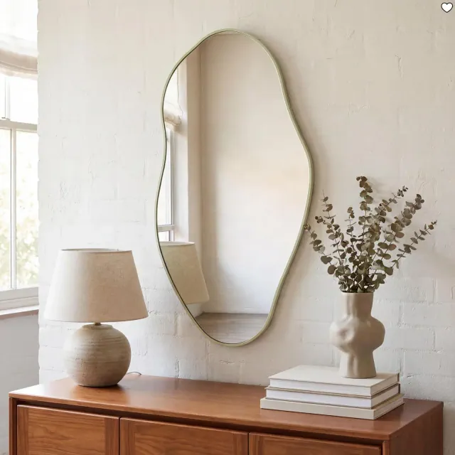 JONATHAN Y Everly 20 in. W x 42 in. H Large Irregular Framed Decorative Wall Mirror, Sage Green