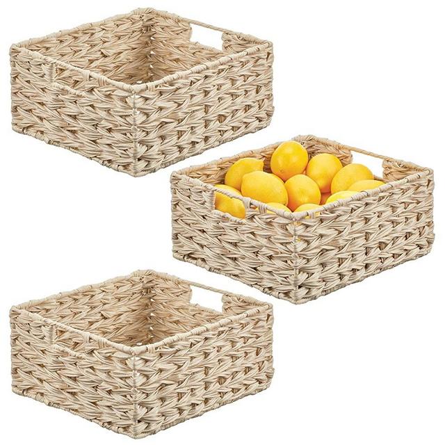 mDesign Woven Farmhouse Kitchen Pantry Food Storage Organizer Basket Bin Box - Container Organization for Cabinets, Cupboards, Shelves, Countertops - Store Potatoes, Onions, Fruit - 3 Pack - Cream
