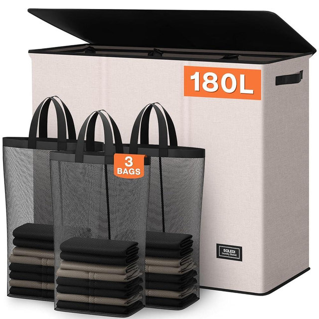 SOLEDI 180L 3-Section Laundry Hamper with Lid, Extra Large Dirty Clothes Basket with Sturdy Handles for Laundry Room & Bedroom - Durable Organizer for Sorting Laundry