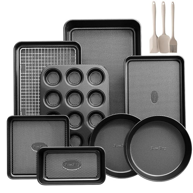 12-Piece Nonstick Bakeware Set, Stackable Non Toxic Baking Pans Set with Rack & Kitchen Utensils, Cookie Sheets Set, Cake Pan, Muffin Pan, Loaf Pan, Roasting Pan, Black