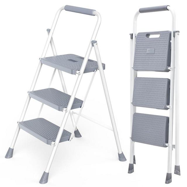 DUMOS Step Ladder, 3 Step Stool Foldable with Anti-Slip Pedal & Comfortable Handrail, 800lbs Capacity Sturdy Steel Ladder, Portable Heavy Duty Step Stool for Kitchen, Garage & Outdoor Use, Grey