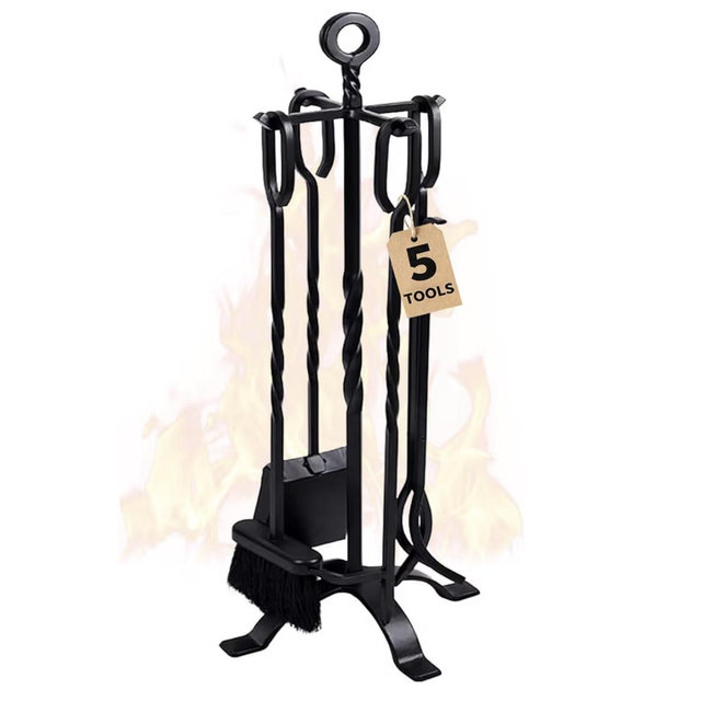 AMAGABELI GARDEN & HOME 5 Pieces Fireplace Tools Set Indoor Wrought Iron Fire Place Pit Large Poker Wood Stove Log Firewood Tongs Holder with Handles Modern Black Outdoor Accessories Kit