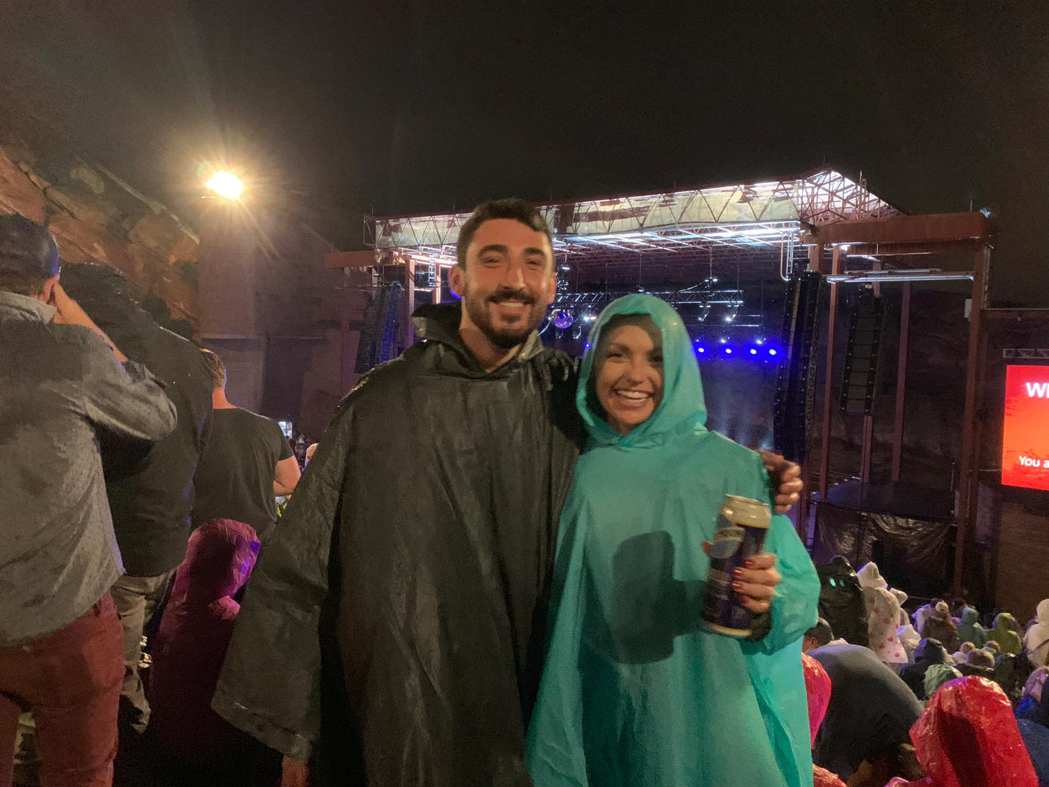 At an Avett Brothers concert in the rain at Red Rocks