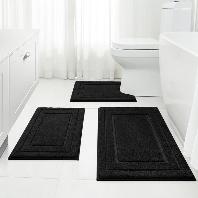 HOMEIDEAS Bathroom Rugs Sets 3 Piece, Super Soft and Absorbent Non Slip Microfiber Toilet Bath Mat with U-Shaped (Black)