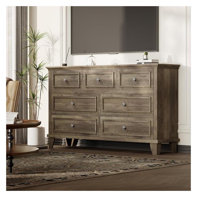 7 Drawer Dresser, 47" Wide Wooden Storage Chest with Exquisite Metal Handles, Large Drawer Organizer & TV Stand for Bedroom, Living Room, Grey