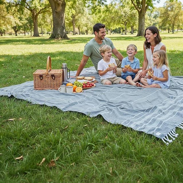 LANE LINEN Beach Towels Oversized - Picnic Blankets (82x82), Sand- Free Beach Accessories Must Haves for Family Vacations, Park Outings with Easy Carry, Quick Setup & Dry, Machine Washable – Sky Blue