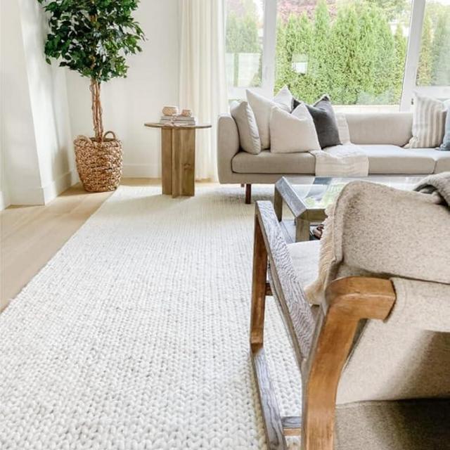 FRELISH DECOR Wool Cotton Premium Hand Woven Braided Chunky Cable Rug - Contemporary Area Rug for Living Room Bedroom (6' x 9' - Ivory)