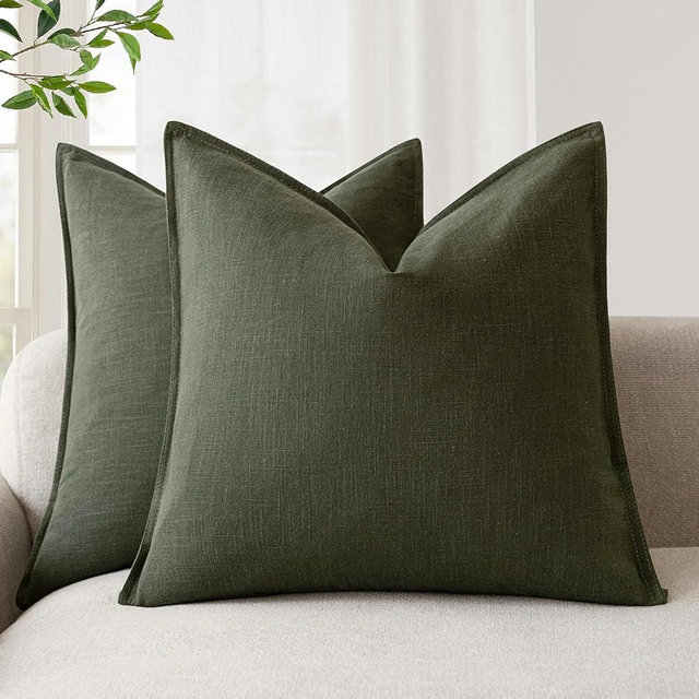 Foindtower Pack of 2, Decorative Linen Solid Throw Pillow Covers Soft Accent Cushion Case Farmhouse Neutral Pillowcase for Chair Couch Sofa Bedroom Living Room Home Decor 24 x 24 Inch Dark Olive Green