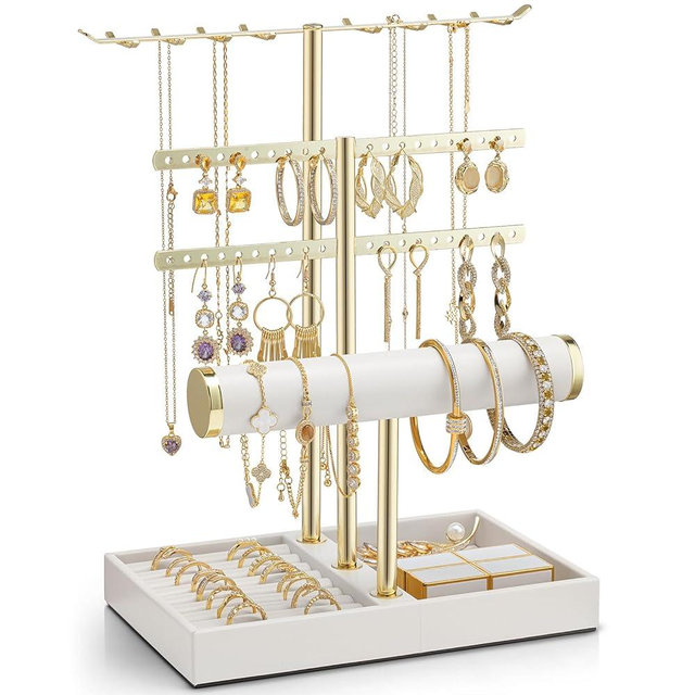 Vlando 3 Tier Jewelry Stand Organizer with Tary, Leather Jewelry Holder Display for Women, Gold Jewlery Holder Display for Necklace, Earring, Bracelet, Rings - White