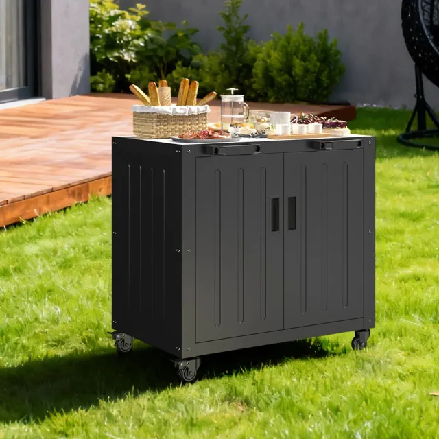 Outdoor Grill Table Cart with Storage Cabinet, Stainless Steel BBQ Prep Table, Heavy-Duty Worktable with Lockable Wheels for Patio Garden Grilling