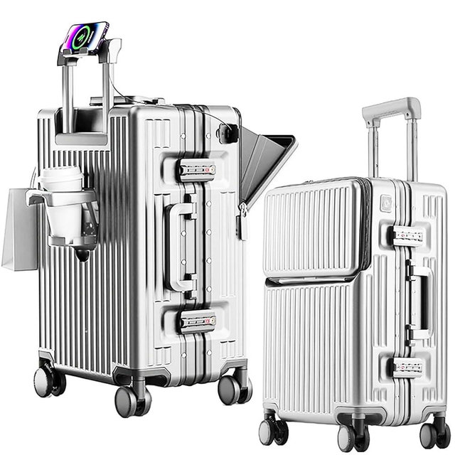 2-Piece Hardshell Zipperless Luggage Set, 20/26" Aluminum Frame Hardshell Spinner Luggage, Airline Approved Carry-On Luggage, TSA Lock, 360° Quiet Wheels With Cup Holder (silver)