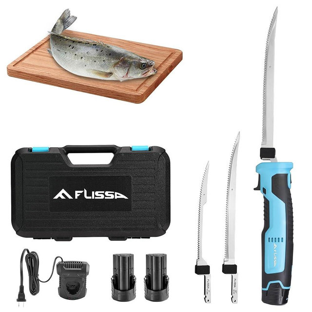 FLISSA Cordless Electric Fillet Knife for Fish with 8" and 10" Stainless Steel Blades, Rechargeable Electric Knife with Non-Slip Handle, 2 Packs Long Lasting Lithium-ion Battery, Portable Carry Case