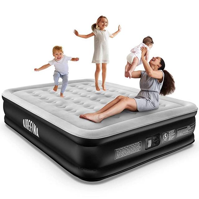 Airefina Comfort Air Mattress Queen Size with Built-in Electric Pump, Inflatable Bed in 3 Mins Self-Inflation/Deflation, Flocked Surface Blow Up Bed for Home Portable Camping 80x60x18in, 750lbs MAX