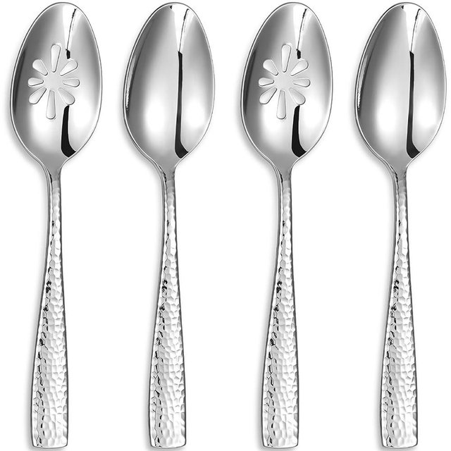 KEAWELL Premium Louis Hammered Serving Spoons, 18/10 Stainless Steel, Fine Spoon Set with Squared Edge, Dishwasher Safe, Silver Serving utensils (Serving Spoons and Slotted Spoons)