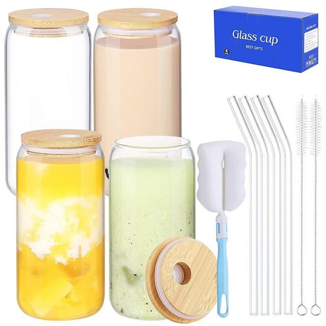 4 Pcs Glass Cups with Lids and Straws, 16oz Can Shaped Glass Cups with Bamboo Lids and Straws Large Drinking Can Cups, Beer Glasses, Iced Coffee Glasses, Ideal for Cocktail, Whiskey, Soda, Gift