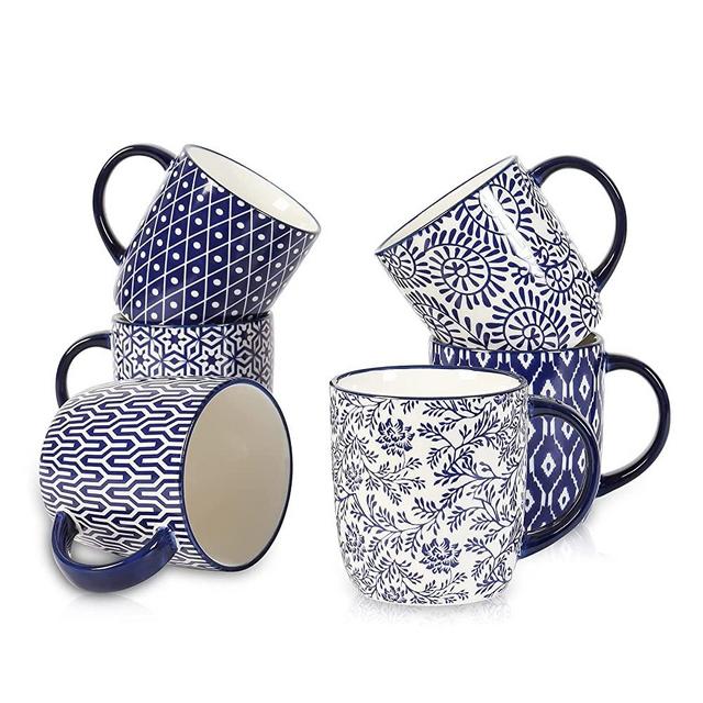Selamica Porcelain 11.7 oz Coffee Mugs Set of 6 with Big Handle, Coffee Cups Ceramic for Cappuccino Latte Cocoa Milk Tea, Dishwasher Microwave Safe, Christmas Gift, Vintage Blue