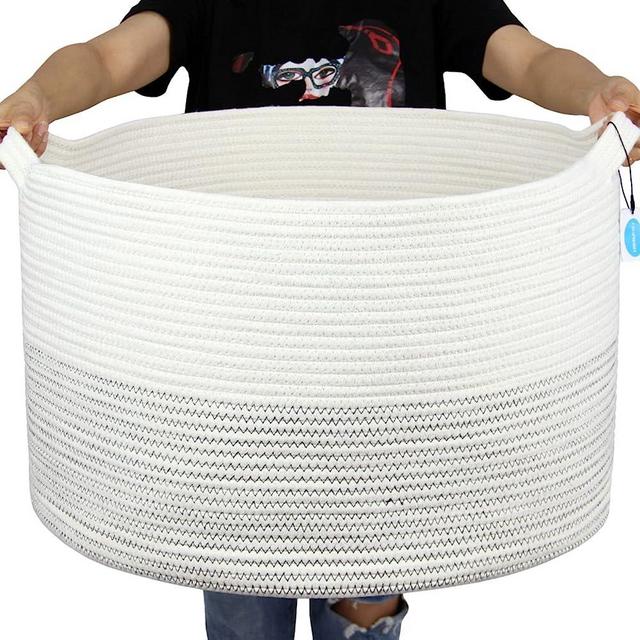 Casaphoria XXXLarge Cotton Rope Basket 21.7" x 21.7" x 13.8" Woven Laundry Basket for Blankets Storage Basket with Handle Comforter Cushions Storage Bins Thread Hamper-Black Stitch, White (MB2021039)