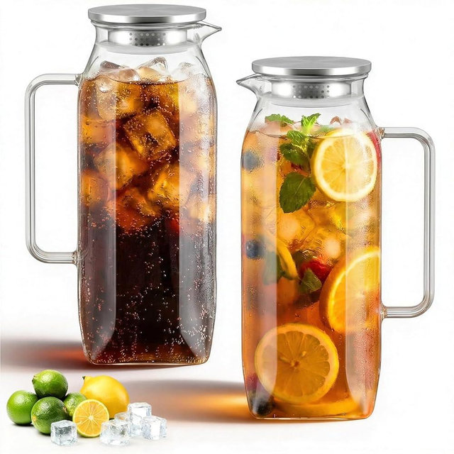 2 Pack 2 Liters 68 oz Square Glass Pitcher with Lid, Water Pitchers with Handle for Fridge, Borosilicate Glass Carafe for Hot/Cold Drink, Large Iced Tea Pitcher for Jug, Coffee, Juice, Milk, Beverage