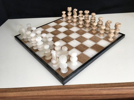 Hand Crafted Travertine & White Marble Chess Set 13.7 Inches | Vintage Chess Set | Stone Chess Set