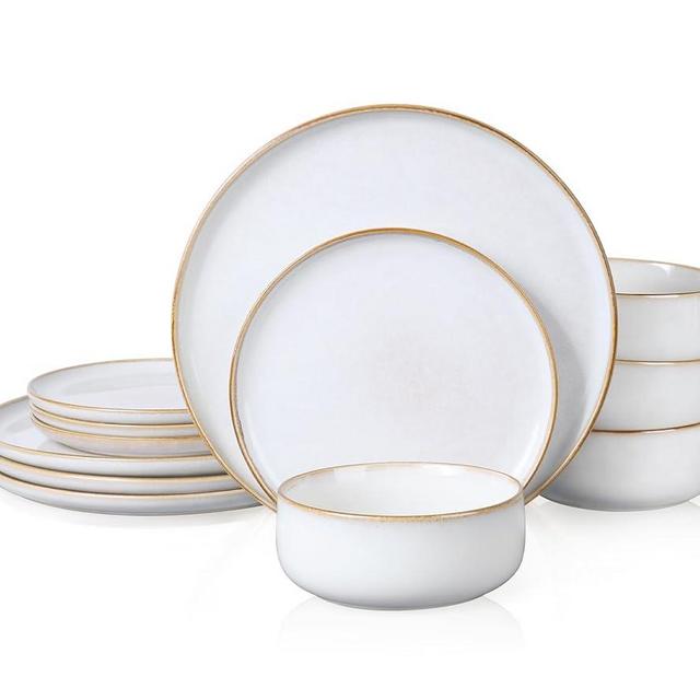 E-far Dinnerware Sets for 4, 12-Piece Stoneware Plates and Bowls Set, Reactive Glaze Dishes Dinning Ware Set, Chip & Scratch Resistant, Microwave & Dishwasher Safe - Seashell White