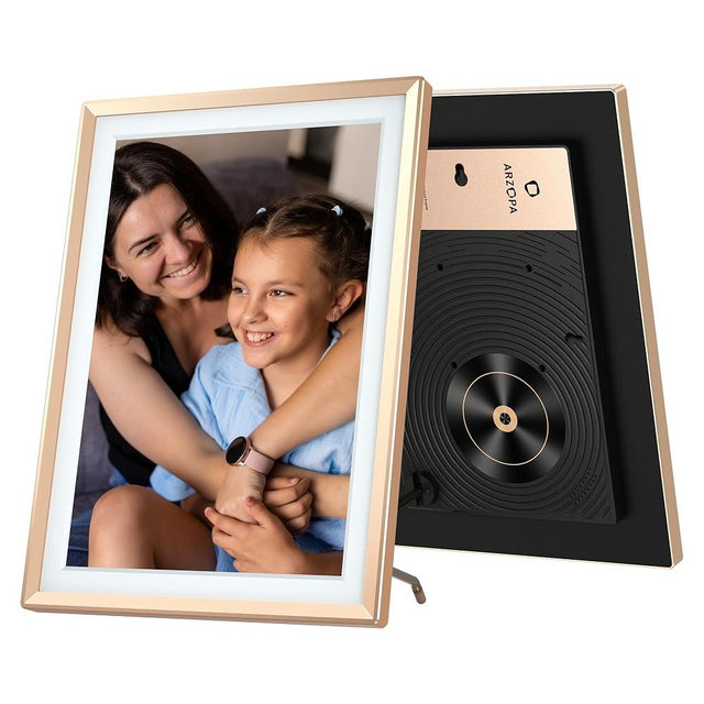 ARZOPA D14 Metal Digital Picture Frame with Large Display 14" HD IPS Anti-Glare Touch Screen Load Photos & Videos Directly from Phone Exquisite Decoration Ideal for Upscale Gifting - Champagne Gold