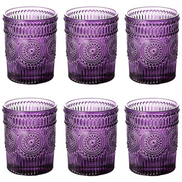 GLASS SMILE 6 Pack Romantic Water Glasses-10.5 OZ Purple Vintage Drinking Glasses Tumblers for Whisky, Beer, Juice, Beverages, Cocktail