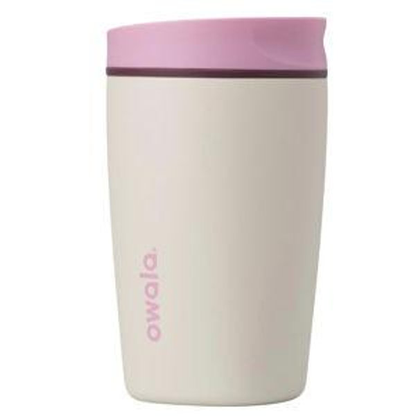 Owala SmoothSip Slider Insulated Stainless Steel Coffee Tumbler, Reusable Iced Coffee Cup, Hot Coffee Travel Mug, BPA Free 12 oz, Pink/Tan (Daybreak)