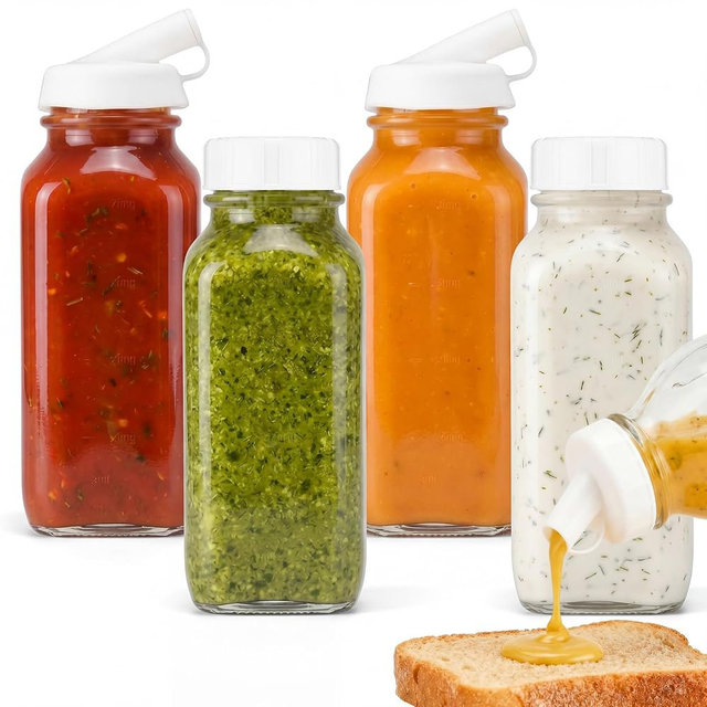 Ferrochef 4 Pcs 16 oz Salad Dressing Shaker Glass Dispenser with Silicone Pour Spout and Tamper-proof Lid Refillable Salad Dressing Dispenser Mixer Shaker for Sauces Ketchup Sour Cream Syrup
