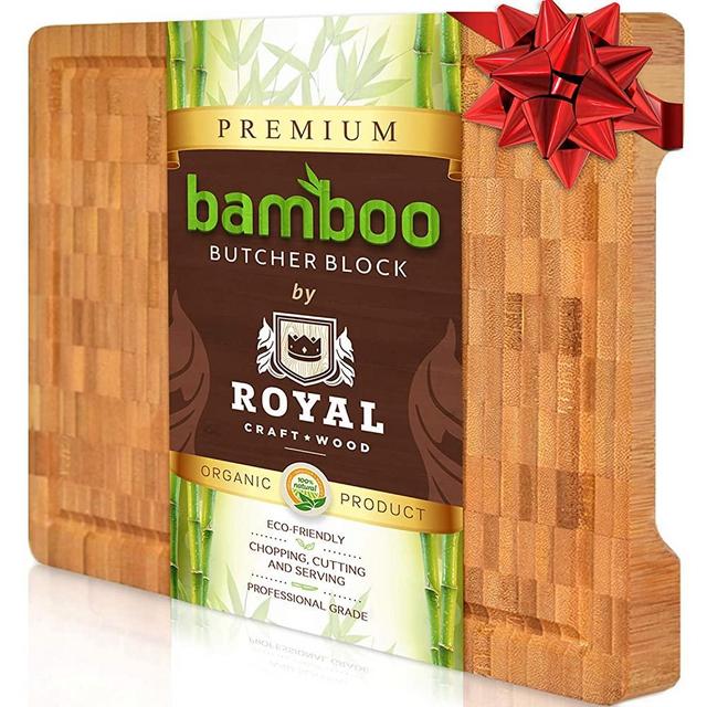 Thick Bamboo Wood Cutting Board / Kitchen Butcher Block - Heavy Duty Chopping Board With Juice Grooves and Handles. Best for Carving Meat, Fish and Chicken | Perfect Housewarming Gift