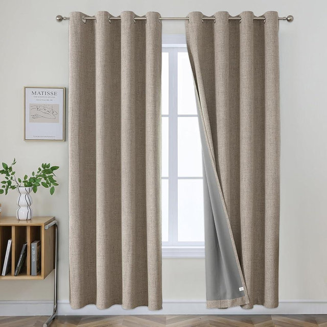 Joydeco 100% Blackout Linen Curtains 84 Inches Long 2 Panels, Thermal Insulated Burlap Curtain & Drapes, Grommet Room Darkening Textured Curtains for Bedroom Living Room (52x84 inch,Linen)