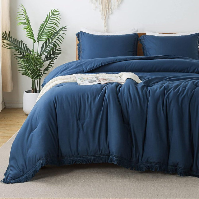 Andency Navy Blue Comforter Set California King, 3 Pieces Boho Tassel Lightweight Bedding Comforter Sets, All Season Soft Fluffy Fringe Bed Set (104x96In Comforter & 2 Pillowcases)