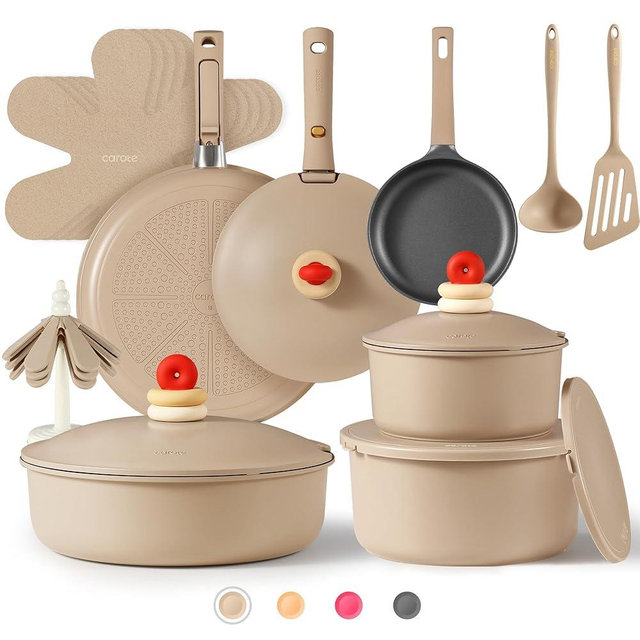 CAROTE 24pcs Pots and Pans Set Non Stick, Nonstick Cookware Set, Oven/Dishwasher/Fridge Safe Pots and Pans, RV Safe Cookware, Induction Kitchen Gift Set Detachable Handle, Brown