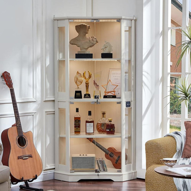 LELELINKY Farmhouse Corner Display Cabinet with Glass Doors, Corner Curio Cabinet with 3-Color LED Motion-Sensor Light, White