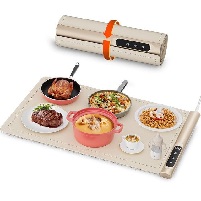 Newise Warming Mat for Food, Graphene Full Surface Heating Electric Warming Tray with 6 Temperature Settings and Timing Function, Portable Food Warmers for Parties Buffet, Beige