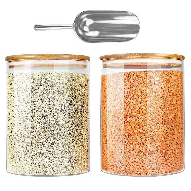 Glass Jar with Bamboo Lids (2 sets 100oz) with Metal Scoop, Urban Green, Glass Food Storage Containers with Lids, Airtight Glass Canisters sets, Glass Jar with Lids, Glass Flour Contaner,