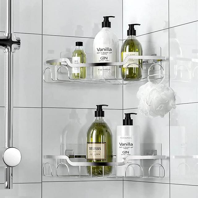 HBlife Shower Caddy Corner No Drilling Shower Organizer with 8 Hooks for Hanging Razor and Sponge, Rustproof Stainless Steel, 2 Pack,Sliver