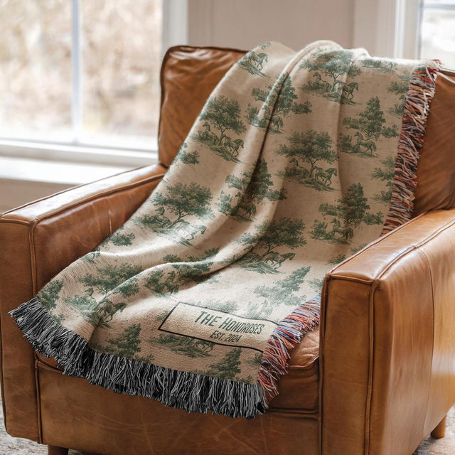 Horse Toile Woven Blanket, Horse Lover Equestrian Gift Forest Green Toile Horse Tapestry Throw Blanket French Country Throw Ranch Home Decor
