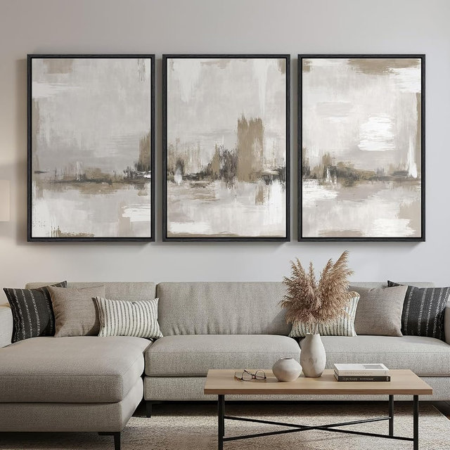 Large Framed Neutral Abstract Wall Art for Living Room, 3 Piece Brown Beige Canvas Artwork for Walls, Modern Minimalist Abstract Prints Paintings Pictures for Hallway Home Office Wall Decor, 24x36 In