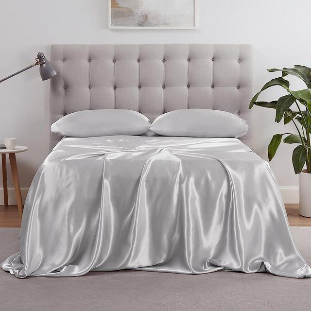 Serta SatinLuxury 4pc Soft Lightweight Deep Pocket Bedding Silky Satin Sheet Set with Pillowcases, Queen, Silver Grey